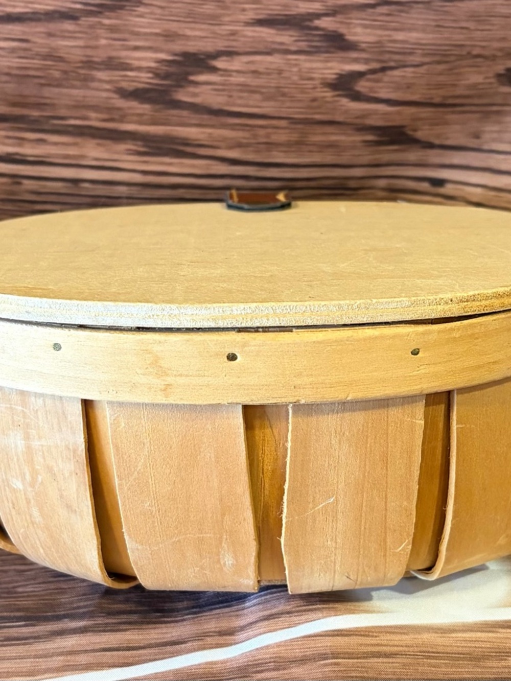Round Natural Wood Basket with Lid - Light Tan
